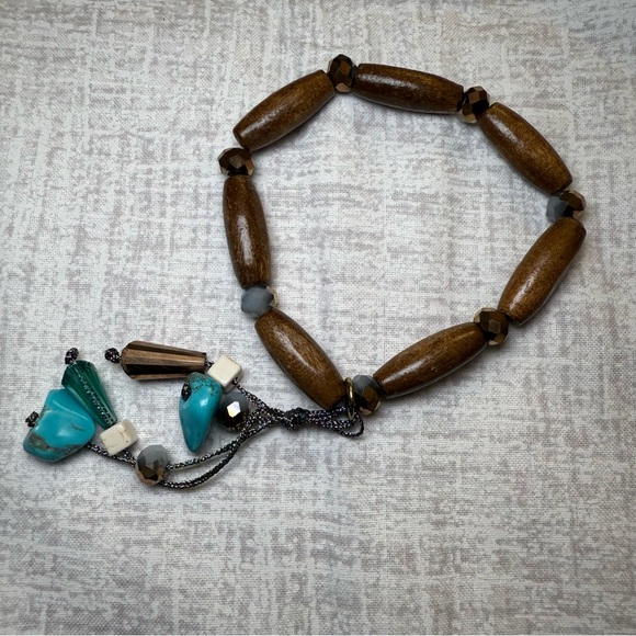 NWT Handmade Wood Bead Bracelet with Real Turquoise & Glass Charms - Picture 3 of 5